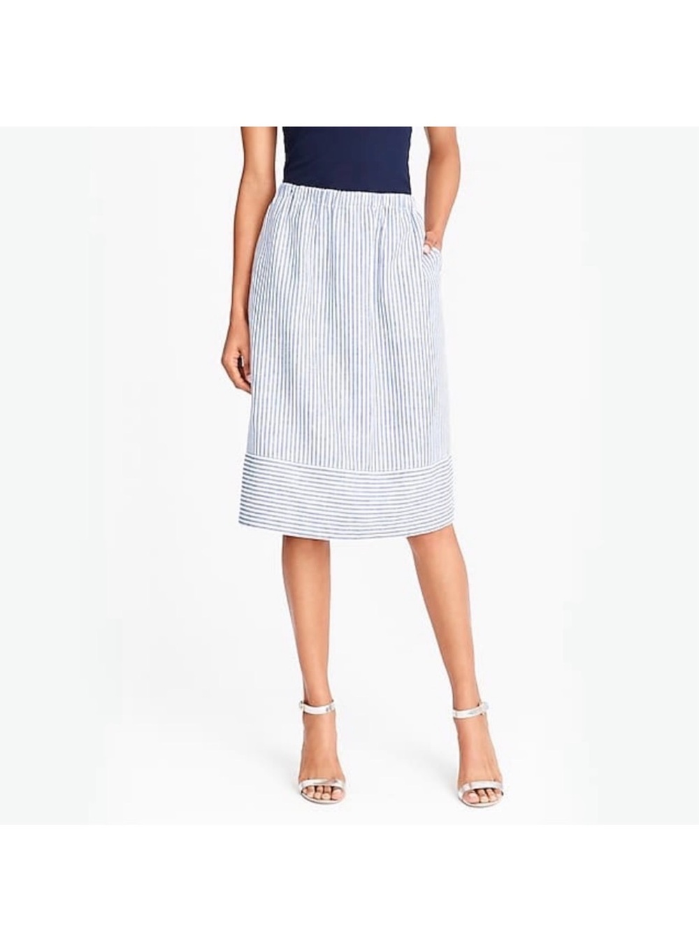 J.Crew Factory Blue White Striped Skirt cotton linen blend Sz Lg knee length